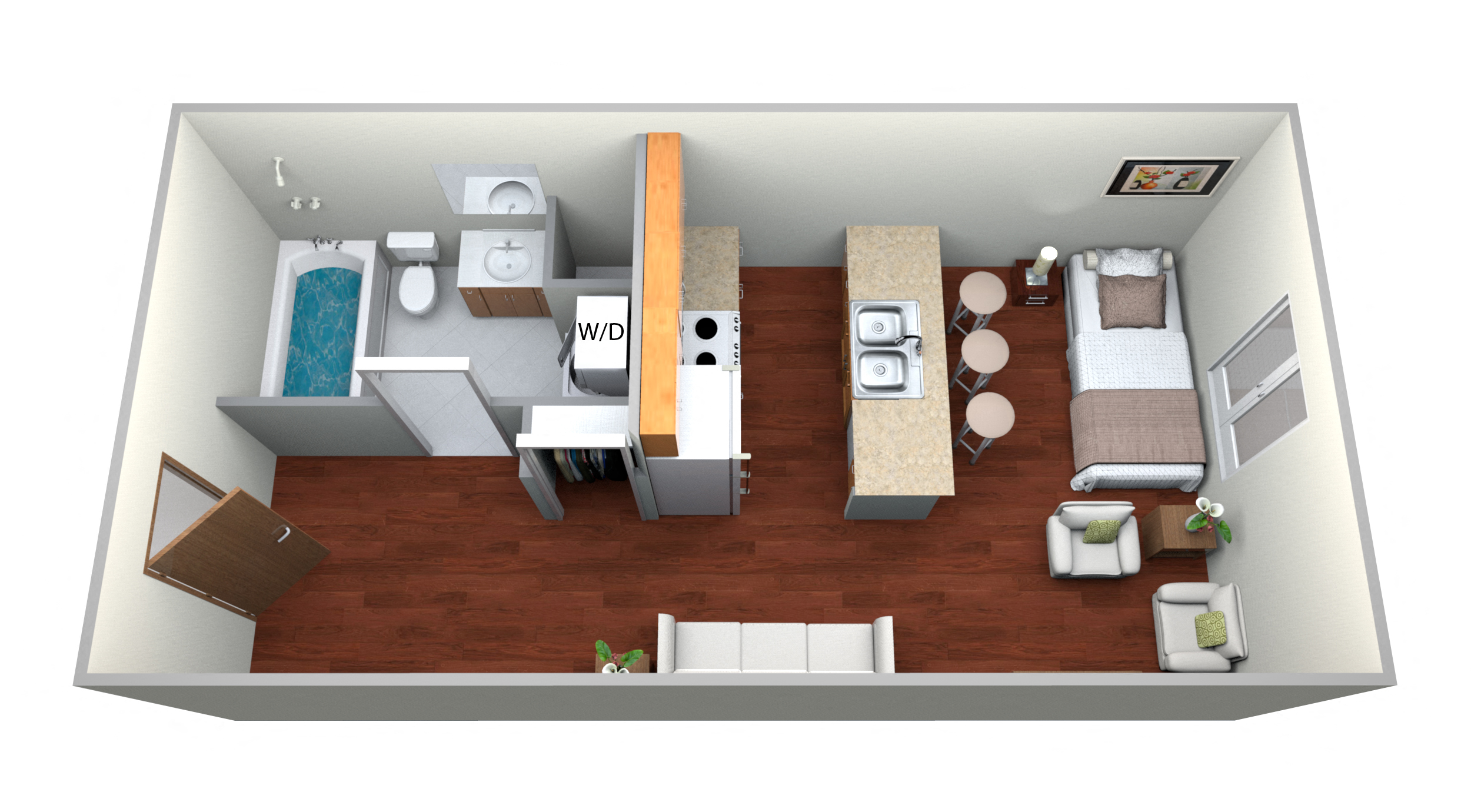 Floor plan for studio, 1 bath, 300 sqft